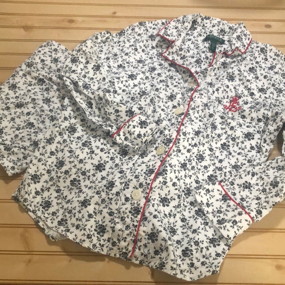 Ralph Lauren Red Embroidered Logo Black White Floral Flannel PJ Set Old Money XL